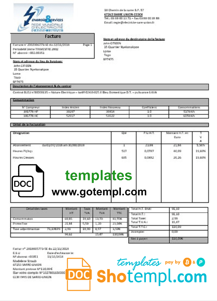 France Energies & Services Régie Municipal d’ Electricité Sarre-Union electricity utility bill template in Word and PDF format, fully editable